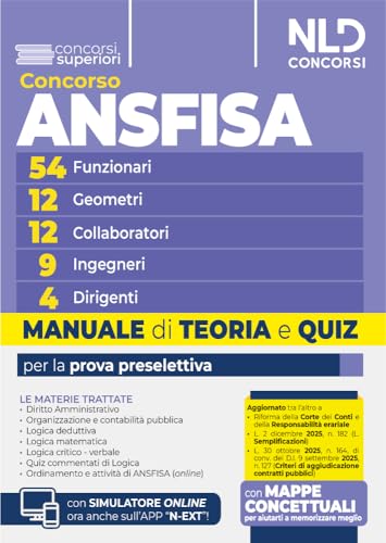 Concorso ANSFISA: 54 Funzionari, 12 Geometri, 12 Collaboratori, 9 Ingegneri, 4 Dirigenti. Manuale di teoria e quiz per la prova preselettiva