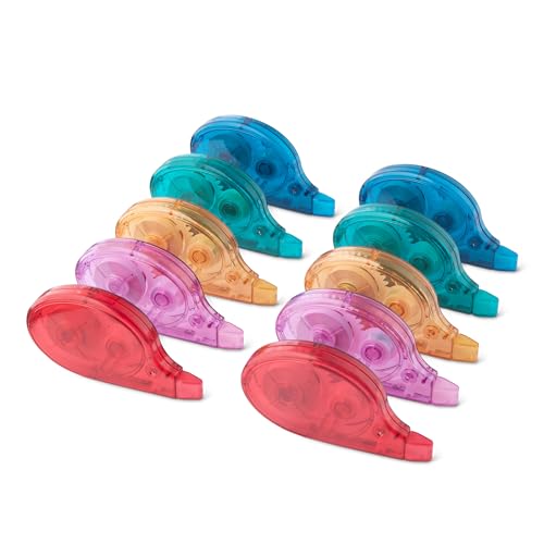 Amazon Basics White-Out Correction Tape with Dispenser, 10-Pack, Easy to use, 12 m, Green, Orange, Purple, Red, Blue