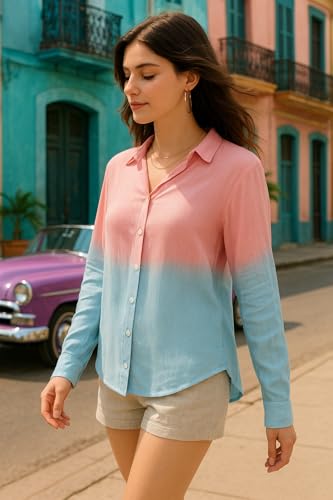 Image of Maaesa Women Handmade Ombre Tie & Dye Rayon Shirt | Relaxed Fit | Lightweight Breathable | Long Sleeve Button-Down | Classic Collar | Casual & Office Wear