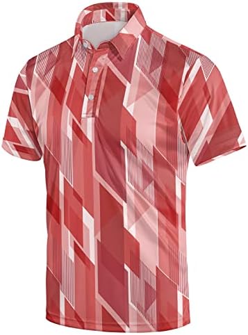 Men's Golf Shirts Short Sleeve Dry Fit Polo Shirts Fashion Print Performance Moisture Wicking Outdoor Sports T-Shirts,Red Geometric Printing L