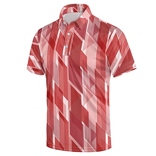 Men's Golf Shirts Short Sleeve Dry Fit Polo Shirts Fashion Print Performance Moisture Wicking Outdoor Sports T-Shirts,Red Geometric Printing L #TOP16
