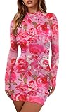 OFEEFAN Short Dresses Womens Long Sleeve Dresses Hot Pink Rose XS
