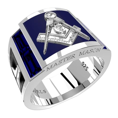 US Jewels Men's 925 Sterling Silver Lab Created Lapis & Sapphire Master Mason Masonic Ring