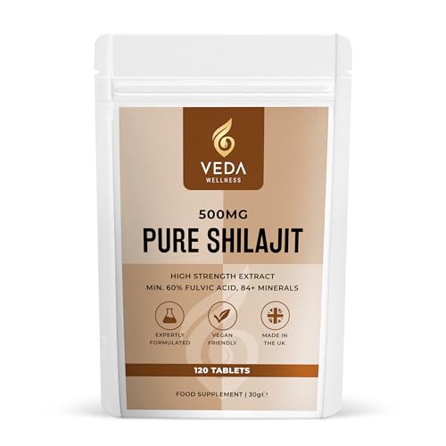 Pure Shilajit 120 Tablets - 60% Fulvic Acid, High Strength, Lab Tested, 84+ Minerals. Maximum Bioavailability, Vegan Friendly. Made in The UK by Veda Wellness