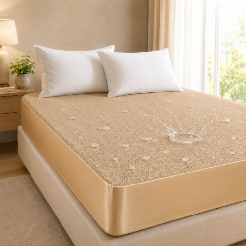Image of BSB HOME Waterproof Terry Mattress Protector, Soft Cotton Terry Mattress Cover with Deep Pocket Fitted Sheet Style, Breathable & Noiseless Bed Protector, Single Bed- 36 x 72 +9 Inches - Warm Beige