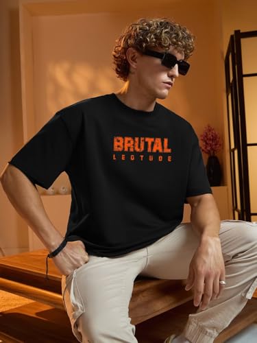 Image of LEOTUDE Men's Premium T-Shirt | 100% Pure Cotton Oversized Baggy Fit Drop Shoulder Cool Back Typographic Printed T-Shirt for Men (Color : Black)