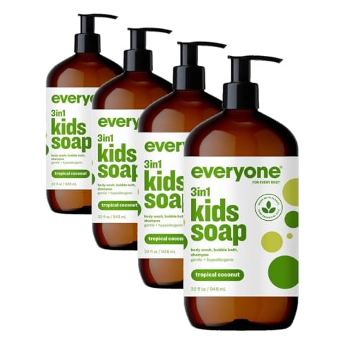Image of Everyone 3-in-1 Kids Soap, Body Wash, Bubble Bath, Shampoo, 32 Ounce (Pack of 4), Tropical Coconut, Coconut Cleanser with Plant Extracts and Pure Essential Oils