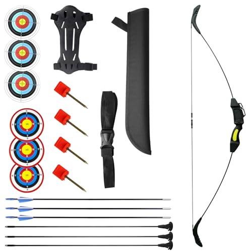 MOYJ Recurve Bow and Arrow Kit Adjustable LBS Easy Carry Sucker Fiberglass Arrow Bow Set Outdoor Beginner Shooting Archery Complete Set of Backyard Accessories (Black)