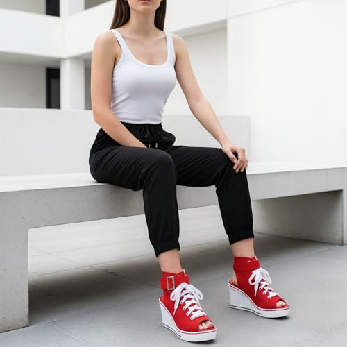 Image of OCHENTA Women's Peep Toe Wedge Sneakers Canvas Platform Shoes Side Zipper Lace up Buckle Fashion Sneakers Walking Shoes