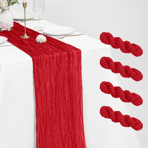 Pesonlook 4 Pack Cheesecloth Table Runner Red Long 21x120 inch