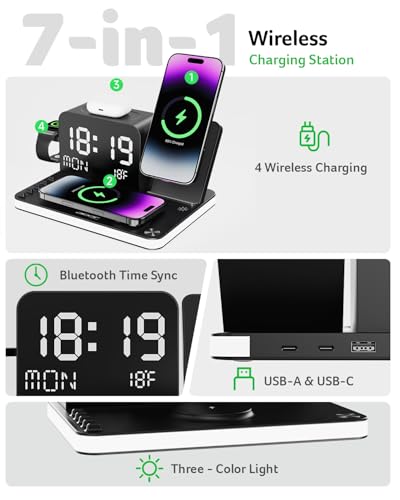 Image of Acer Gadget 7-in-1 Wireless Charging Station Charger Stand for Multiple Devices for Apple - iPhone 17 16 15 14 13 12 Pro Max Apple Watch Airpods, Wireless iPhone Charger Station with Bluetooth TimeSyn