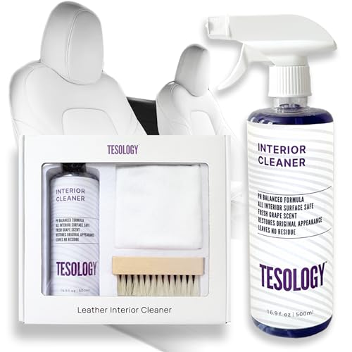 TESOLOGY Interior Cleaner for Tesla - Eco-Friendly, Vegan Leather Safe Car Leather Cleaning Solution for Tesla Model 3, Model Y, Model S, Model X - Seats, Dash, Console Accessories - 2023 & 2024