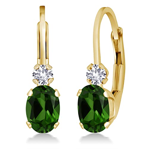 Gem Stone King 14K Yellow Gold Green Chrome Diopside and White Created Sapphire Leverback Earrings For Women | 0.98 Cttw | Gemstone | Oval 6X4MM, Round 2MM | 3/4 Inch