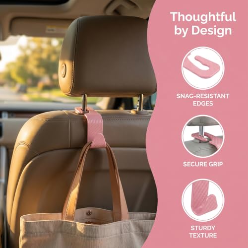 Image of 4PCS Car Seat Headrest Hooks, Auto Back Seat Hanger Holder, Durable Stylish Vehicle Organizer Universal Car Interior Accessories, Storage Hooks for Purses, Bags, Clothes (Carbon Fiber /Pink)