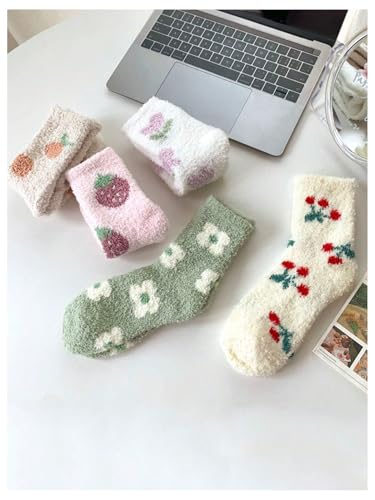 Image of WDIRARA Women's 5 Pairs Cherry Fruit Fuzzy Socks Winter Warm Slipper Socks Cozy Home Sleeping Socks