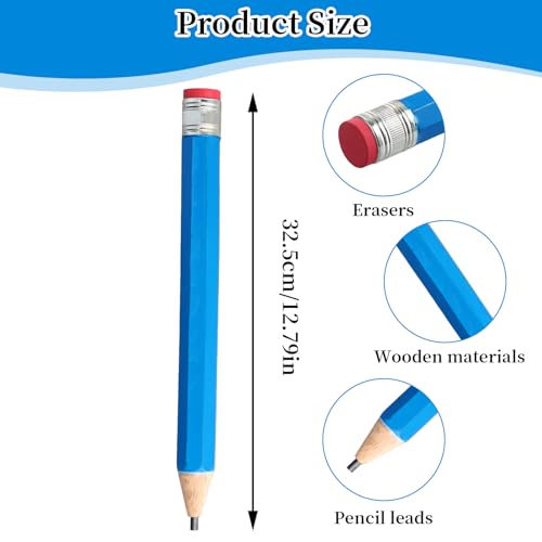 2 Stück Hölzerne Riesen Bleistift, Übergroße Jumbo Bleistifte mit Kappe und Radiergummi, Lustiger Großer Neuartiger Bleistift für Kinder, Schule, Zuhause, Büro, Prop Geschenke Dekor (Gelb, Blau)
