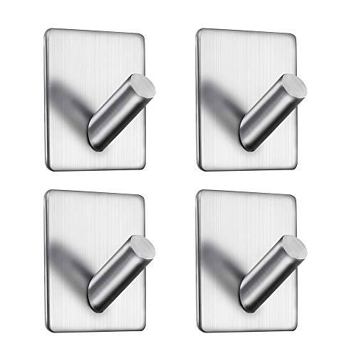 Image of Self Adhesive Hooks, Heavy Duty Rugged 304 Stainless Steel Matte Black Wall Hangers, Strong Sticky Hanging Hooks for Doors, Kitchen, Bathrooms, Office, 4 Packs (02 Silver HK)