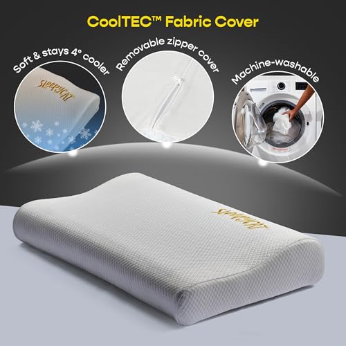 Image of SleepyCat CoolTEC Cervical Memory Foam Pillow | Full Size Contour Design for Neck Support | No Sagging, No Breaking | Upto 4 Cooler | Perforated Real Memory Foam | White, Set of 1 (25 x 16 Inches)