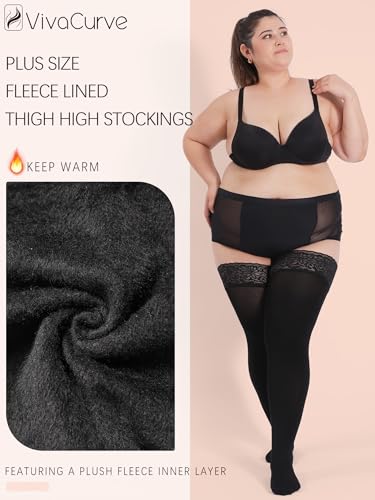 Plus Size Fleece Lined Thigh High Stockings Stay Up Lace Top Opaque Winter Warm Tights for Women2