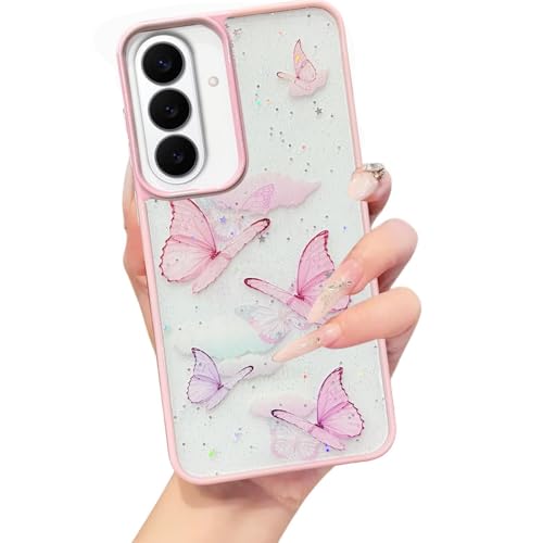 Image of VONZEE for Samsung Galaxy S26 Plus Clear Glitter Butterfly Case, Cute Bling Sparkle Shiny Soft Silicone TPU Bumper Shockproof Women Girls Slim Protective Phone Cover, Pink