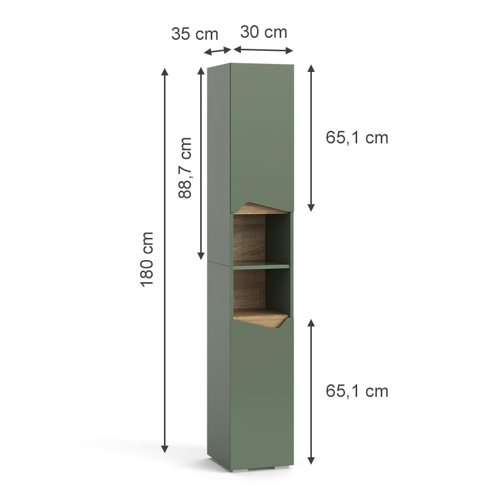 Vicco Armoire de Salle de Bain Marelle, Vert/Artisan, 30x180cm avec Portes et Compartiments Ouverts, pour Le Rangement des Accessoires de Salle de Bain et des Serviettes