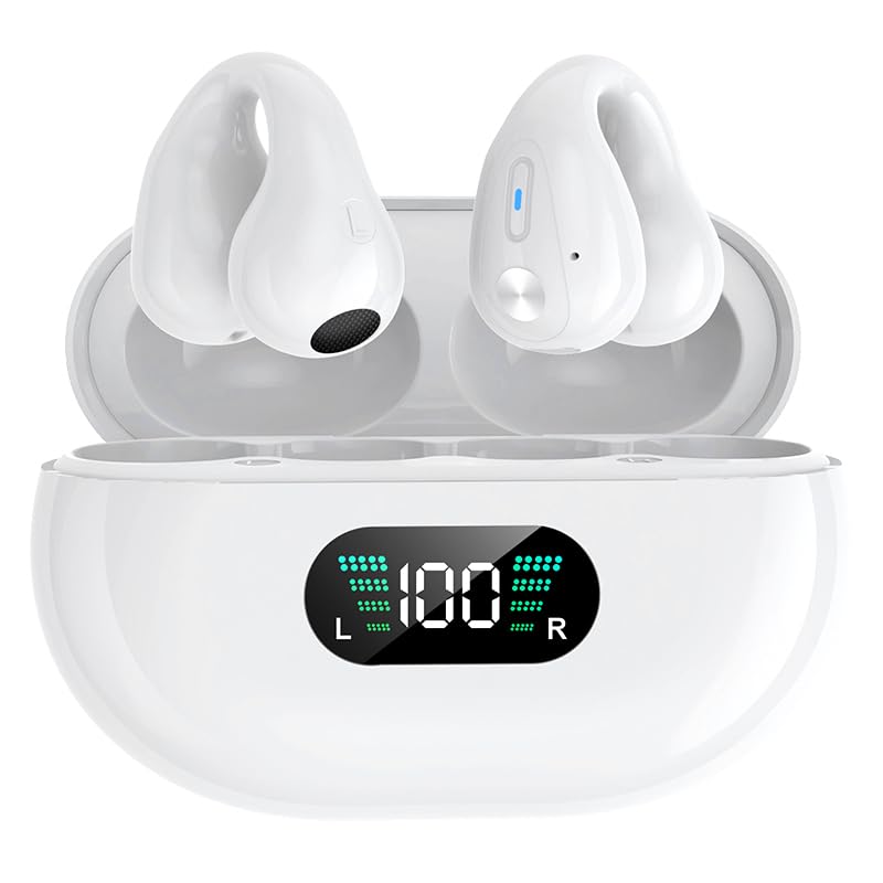 Cuffie Bluetooth Open Ear,Auricolari Bluetooth 5.3 Impermeabili con 4 Mic, 36 Ore Auricolare Bluetooth a Clip LED Display USB-C,Cuffie Wireless per Sport IP6 Bianco