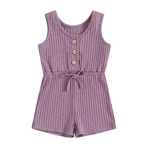 Image of TheFound Toddler Baby Girl Summer Romper Ribbed Clothes Infant Baby Jumpsuit Button Down Rompers Clothing 0-5T