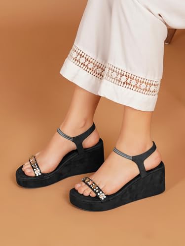 Image of TRYME Embellished Platform Sandals for Women | Soft Wedge Slippers for Wedding, Ethnic & Casual Styling