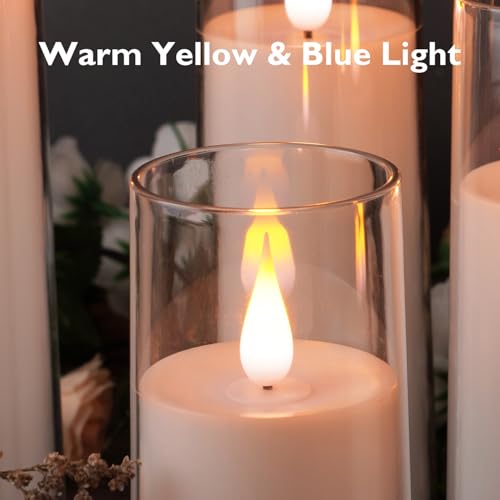 Image of Amagic Pure White Flameless Candles, Battery Operated Candles, Acrylic Flickering LED Pillar Candles with Remote Control and Timer, 3D Wick, Yellow and Blue Glow, D2.2 xH5 5 inch 6 inch 7 inch 8 inch, Set of 5