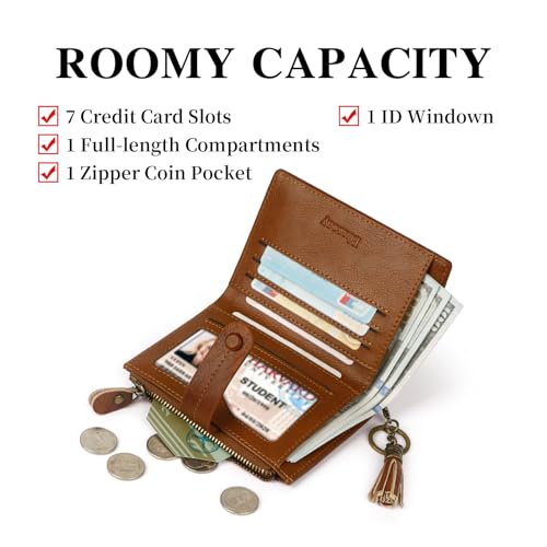 Leather Wallet Women,RFID Blocking Small Wallets for Women Bifold Compact Card Holder With Zipper Coin Pocket Brown3