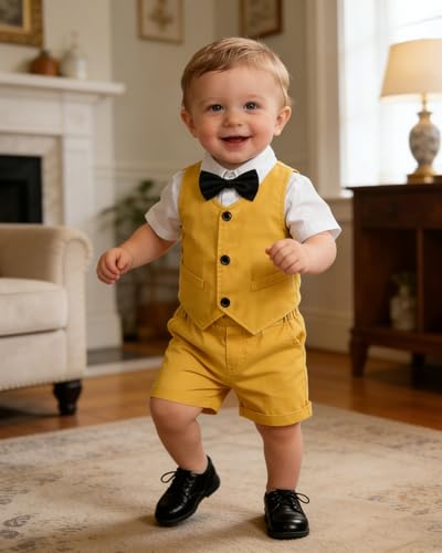 Image of SANGTREE Baby Boy Suit Wedding Ring Bearer Outfits Vest Short Sleeve Bowtie Shirt Suspender Summer Gentleman Shorts Sets