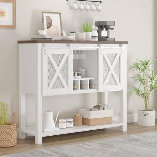 Garvee Farmhouse Wine Cabinet, Coffee Bar Sideboard Cabinet Storage, Console Table with Sliding Barn Doors, Entryway Table with Glass Rack for Kitchen Dining Room Hallway, 46.5 inches Long, White