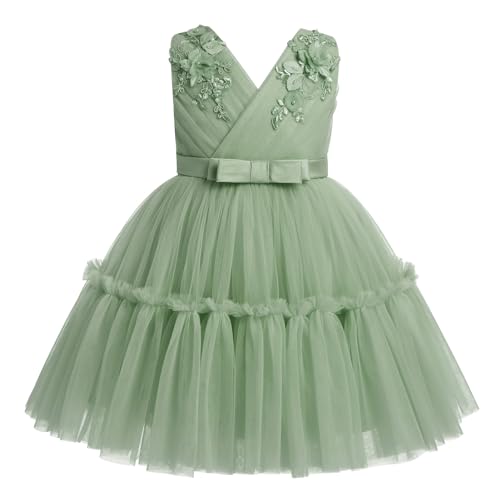IBTOM CASTLE Flower Girls Dresses for Wedding Sleeveless V Neck Pleated Princess Ruffle Tulle Tutu Dress Birthday Party Dress