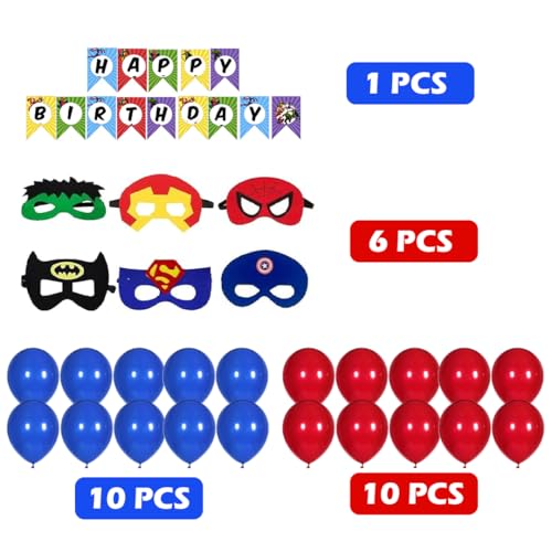 Image of Wanna Party Superhero Birthday Decoration Combo Pack for Boys - 27 Pcs Set with Happy Birthday Banner Balloons and Felt Eye Masks - Party Supplies for Kids Theme Celebration