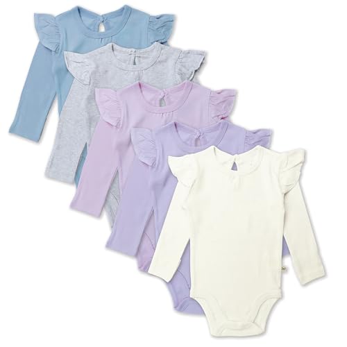 HonestBaby baby-girls 5-pack Long Sleeve Ruffle Shoulder Bodysuits 100% Organic Cotton for Infant Baby Girls