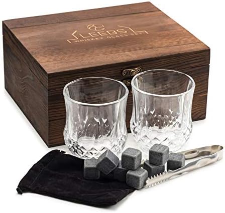 LEEBS Premium Whiskey Stones Gift Set - 2 Large Whiskey Glasses, 8 Granite Scotch Chilling Rocks, Tongs, Velvet Pouch in Elegant Wooden Gift Box Packaging