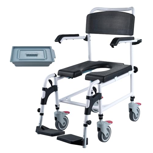 VEVOR Fauteuil Roulant de Toilette avec 4 Roues Verrouillables, Repose-pieds, Bras Rabattables, Hauteur Réglable sur 3 Niveaux, Seau Amovible 5 L, Charge...