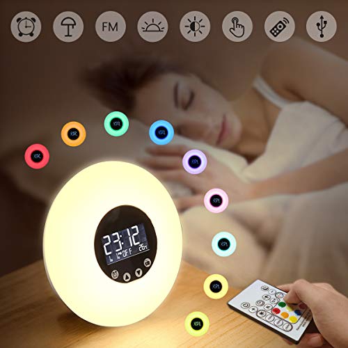 [Nouveau Version] Réveil Lumière à Télécommande, GLIME Lampe de Réveil USB Câble Veilleuse pour Enfant Adulte Radio FM/51 sons/Sunset/Température/RGB/9 couleurs/Blanc Froid/Chaud/Lumière Normale/etc