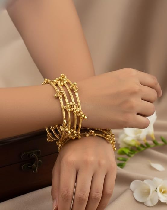 Image of Kashmiri Traditional Bangles Set for Women | Gold Plated Handcrafted Ghungroo Bangles | Ethnic Bridal Festive Jewellery | Set Of 4 Bangles