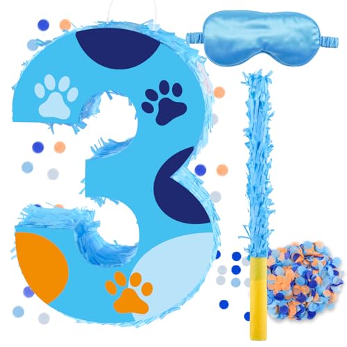 16 Inch Number 3 Dog Paw Pinata with 16 Inch Piñata Stick Blindfold Confetti for Boy Girl Kids 3rd Birthday Party Decorations (3rd)