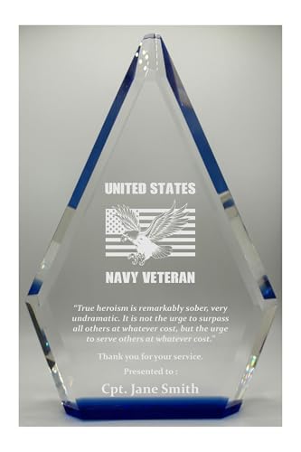 Image of Military Appreciation Awards, Custom Engraved Navy Service with Inspirational Quote Solid Crystal 8 inch Award for United States US Military Veteran