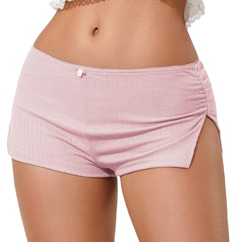 Image of KMBANGI Y2k Sexy Micro Shorts for Women Low Waist Side Slit Boyshort Slim Booty Shorts Lounge Pj Bottom Cute Sleepwear