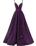 VKBRIDAL V-Neck Prom Dresses for Women 2025 with Slit A Line Spaghetti Strap Sparkly Formal Party Evening Gown with Pockets,Grape,US02