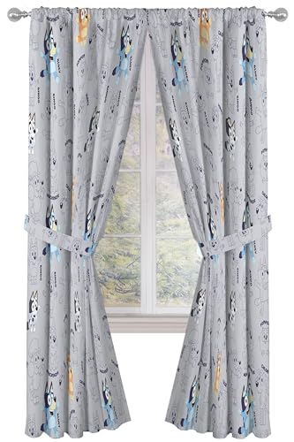 Jay Franco Window Curtains for Kids Bedroom 4-Piece Drape Set with 2 Tiebacks Grey - Bluey 42 W x 84 L (Pack of 2)