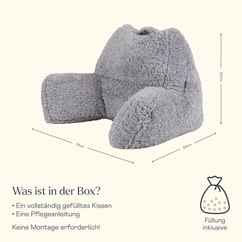 Icon Teddybär Rückenlehne Lesekissen, Grau, Lesekissen Flauschig mit Sitzsack Füllung, Rückenstütze mit Tragegriff