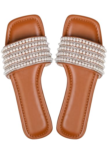 Women's Pearls Decro Flat Glitter Rhinestone Sandals Open Toe Slip On Slippers