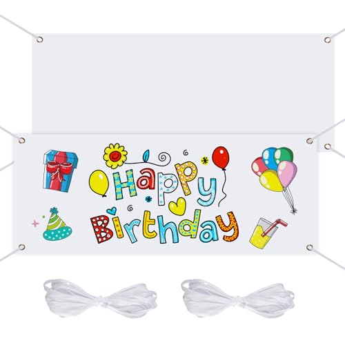 Lot de 2 Banderole Personnalisée Bannière Vierge à Peindre, 180 x 100 cm Blanche Polyester Banniere avec Œillets et Cordes de Suspension de 6 m, pour...