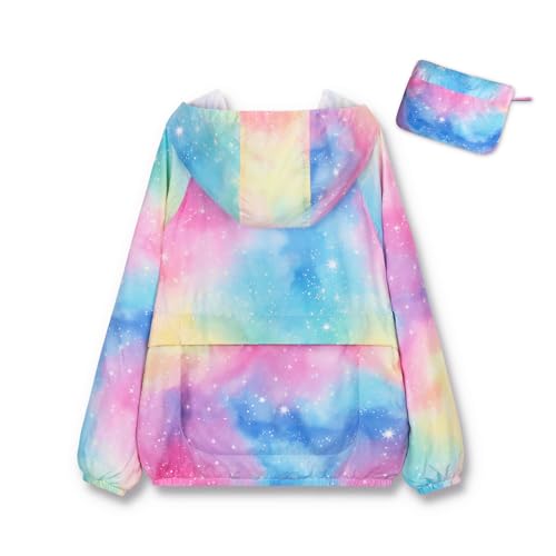 Girls Lightweight Hooded Jacket Kids Water-Resistant Windbreaker Printed Jacket,4-12Y2