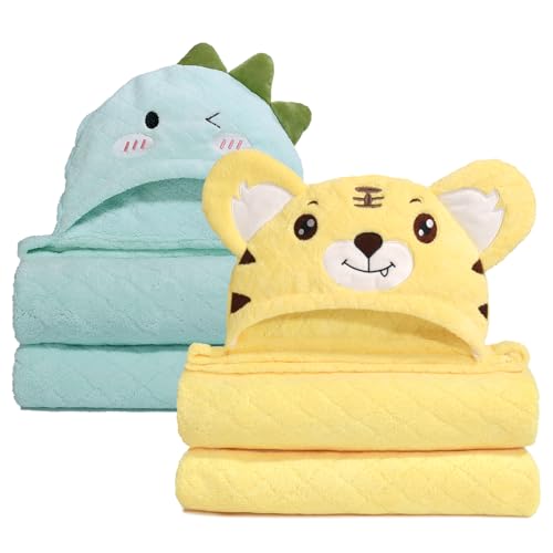 Image of WODHOY Extra Large Baby Bath Towels Hooded, 50 x 32 Inch Large Toddler Towel with Hood Set, Animal Face Hooded for Kids Boy&Girl, Yellow Tiger & Green Dinosaur