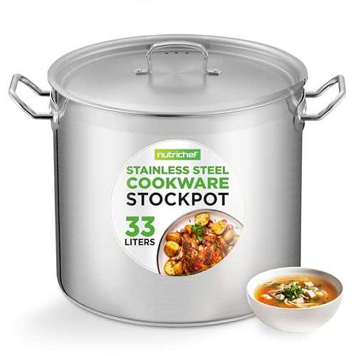 NutriChef Stainless Steel Stock Pot with Lid, 33.1L Big Stockpots for Stew, Soup, Pasta, Meat- Induction Ready, Large Cooking Pot with Ergonomic Handles
